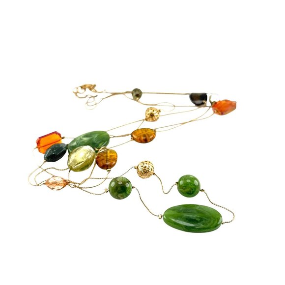 Multi Strand Beaded Necklace Green Amber Gold Tone Statement Jewelry - Picture 1 of 7
